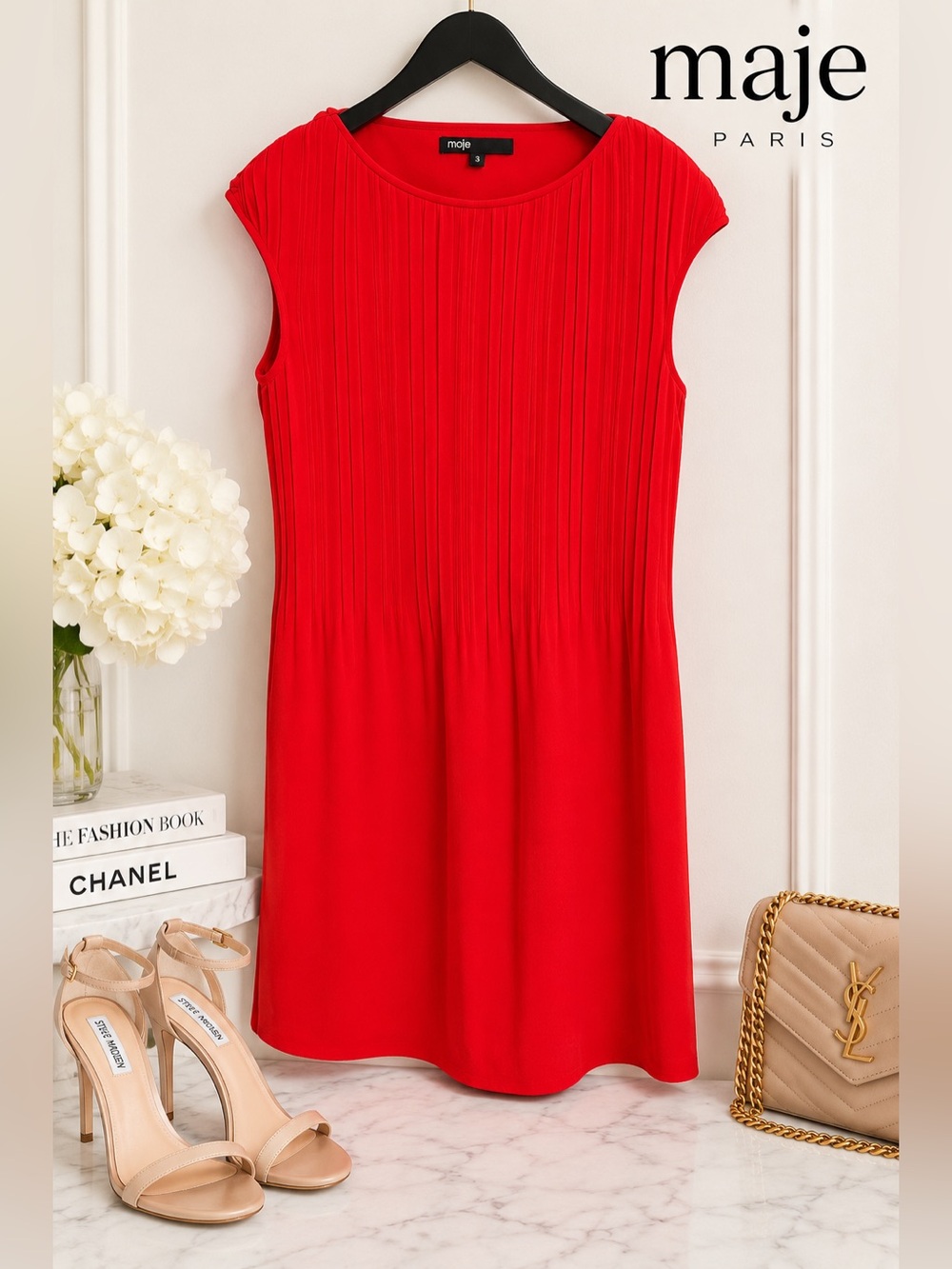Maje Paris Vibrant Red Pleated Bodice Shift Dress Size 3 US 8/10 EUC